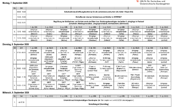 Stundenplan 1. und 2. Schultag 7. und 8. September 2026