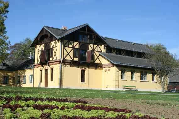 Gelber Hof mit dunklen Schindeln, davor ein Salatfeld