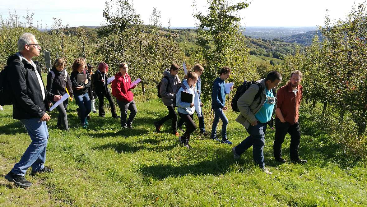 Schülerinnen und Schüler wandern durch einen Obstgarten