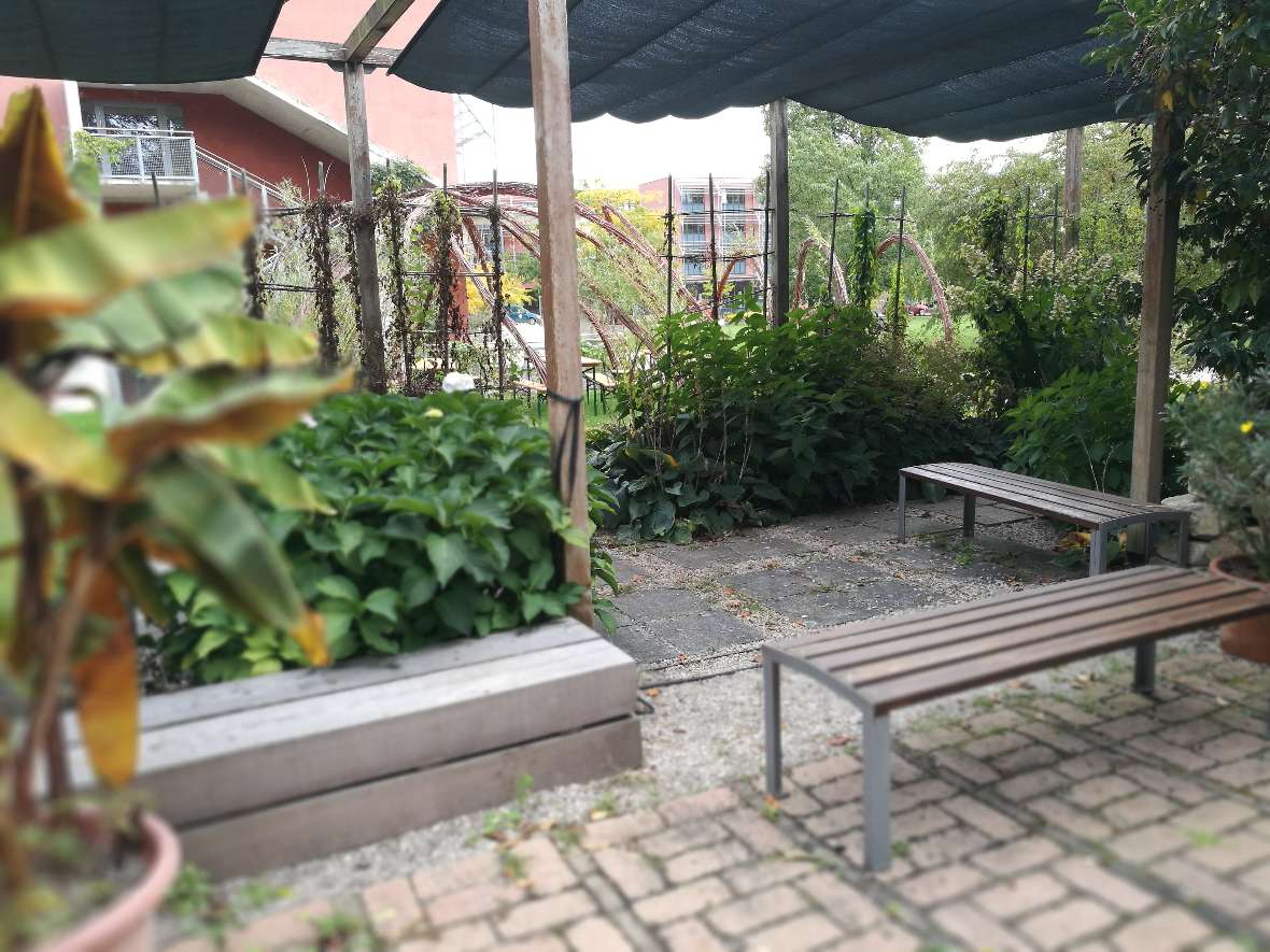 Überdachte Sitzbänke im Schulgarten