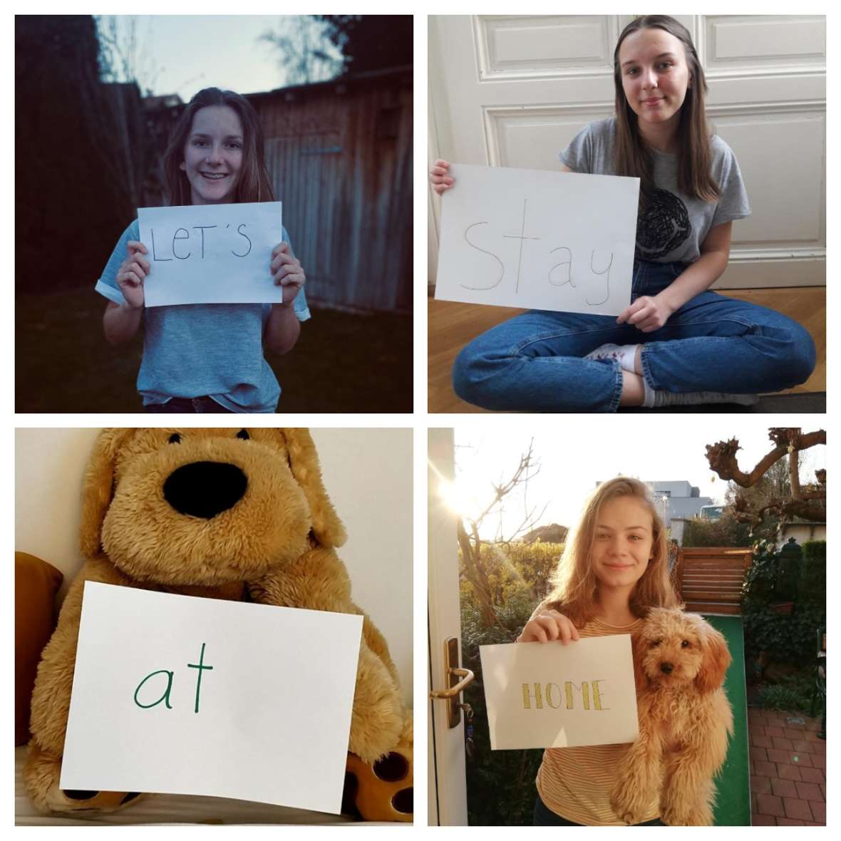 zu sehen sind 4 Bilder - davon sieht man auf 3 Bildern jeweils 1 Mädchen mit einem Zettel in der Hand; auf einem Bild ist ein Teddybär zu sehen mit einem Zettel
