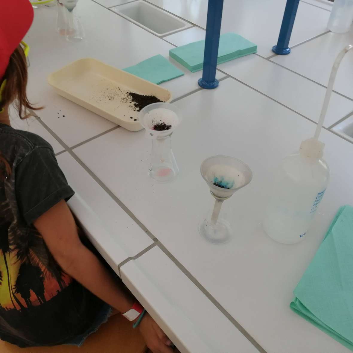 Im Labor wird die Filterwirkung des Bodens mit roter und blauer Tinte simuliert