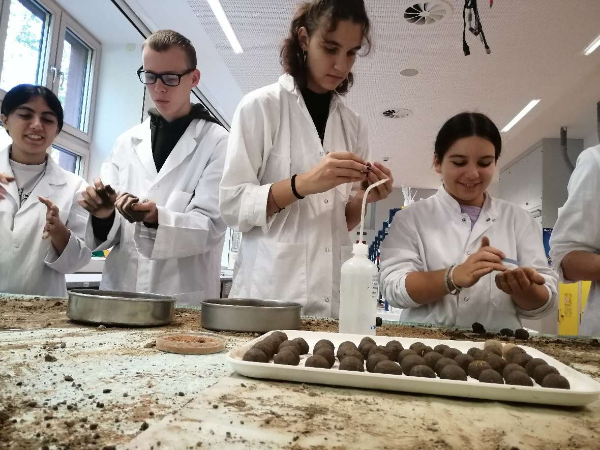 Vier Schülerinnen und Schüler im Labor beim Herstellen von Seedballs