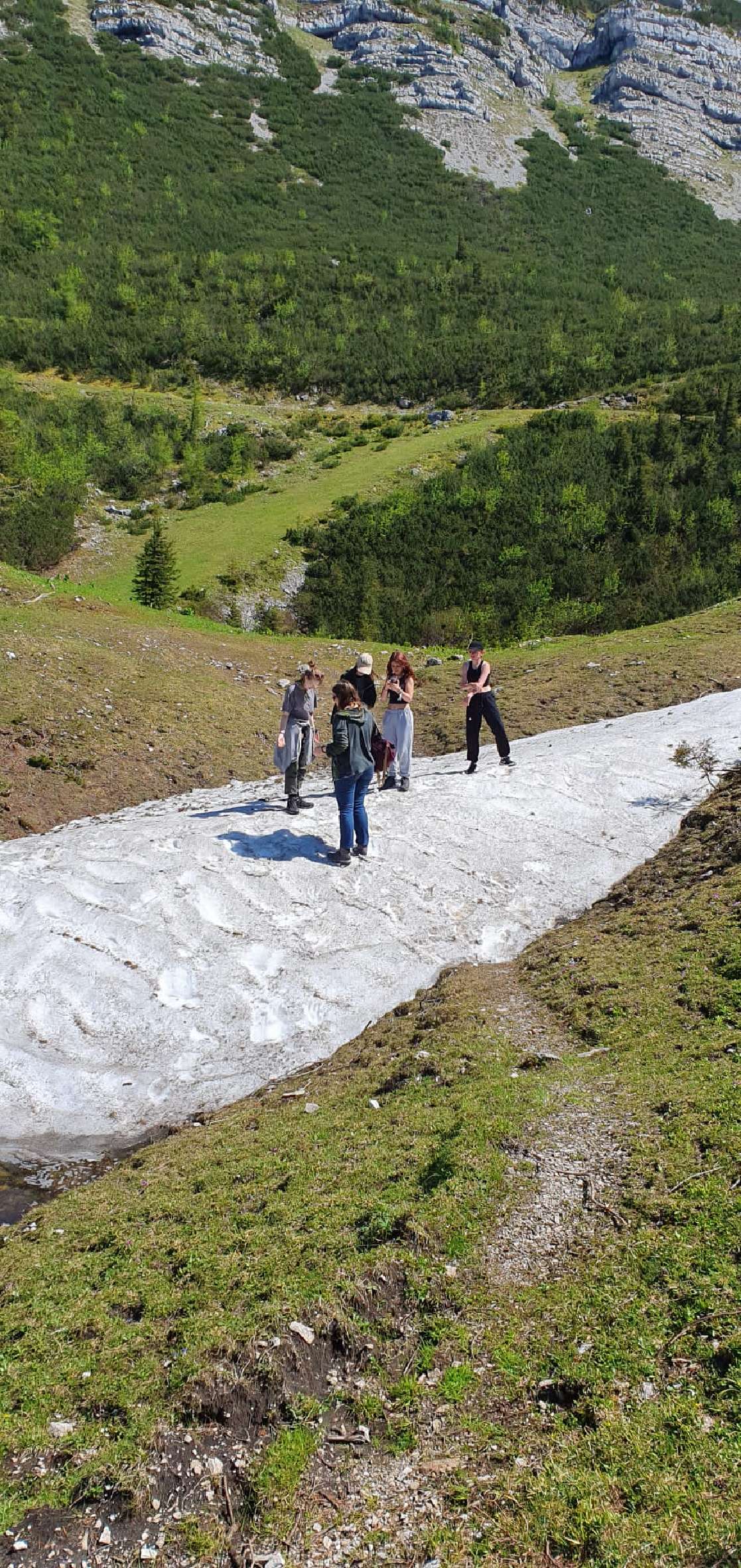 Schüler*innen im Schneefeld am Berg