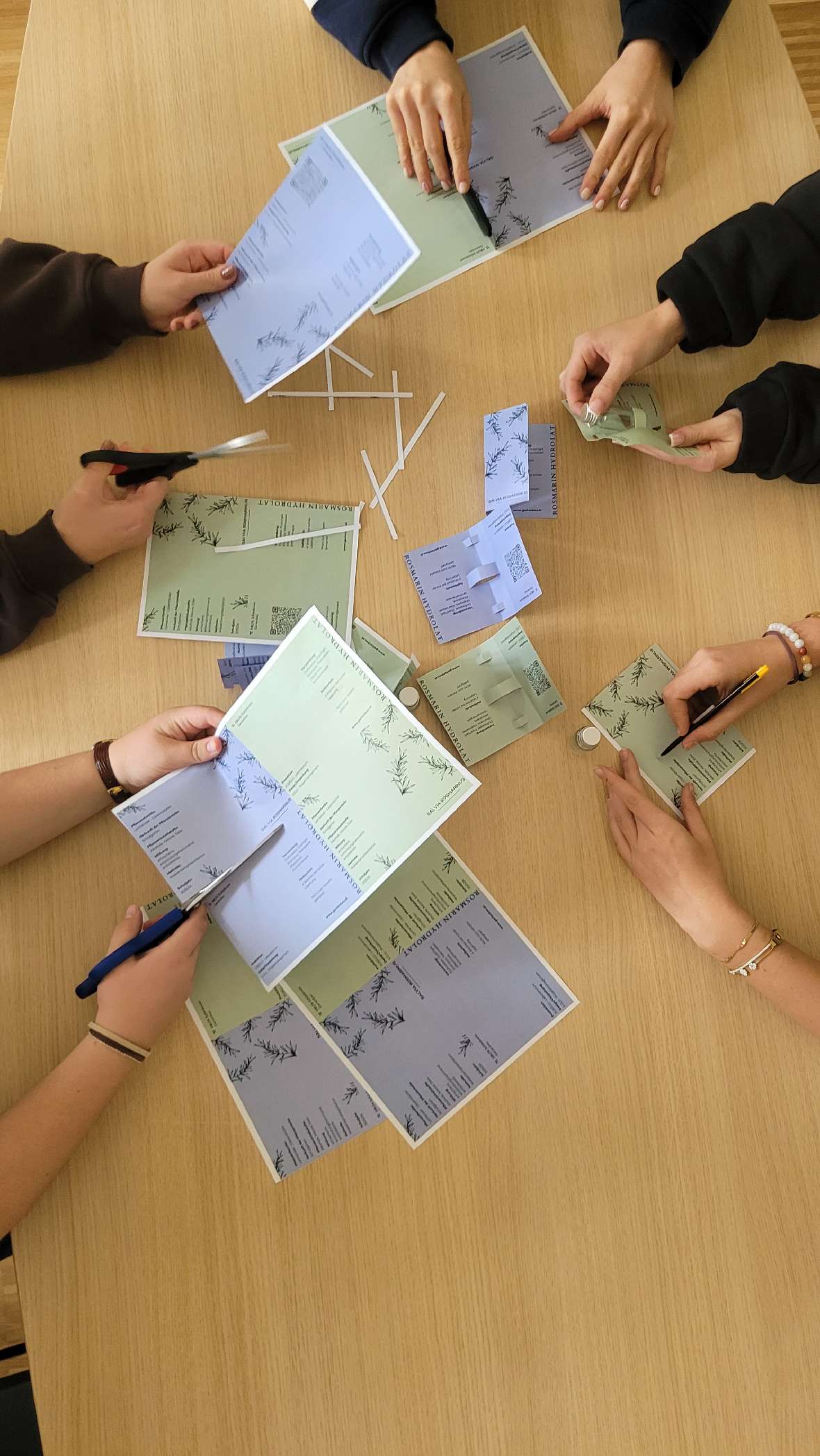 Schüler*innen schneiden die Papierhüllen des Hydrolates 