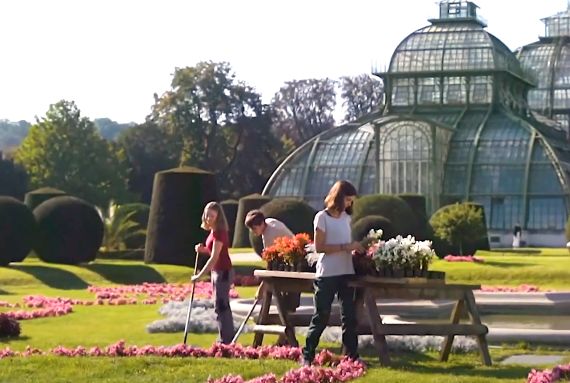 Schülerinnen und Schüler pflanzen Blumen vor dem Palmenhaus