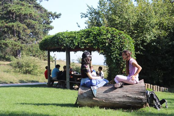 Zwei Schülerinnen sitzen auf einem Baumstamm und im Hintergrund sitzen Schülerinnen und Schüler unter einer Pergola